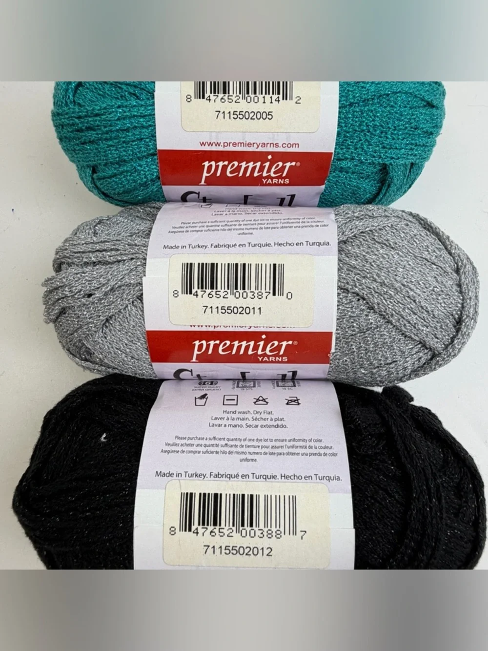 Premier Starbella Glam Yarn Lot of 3 Skeins Teal Black Silver Ruffle Scarf